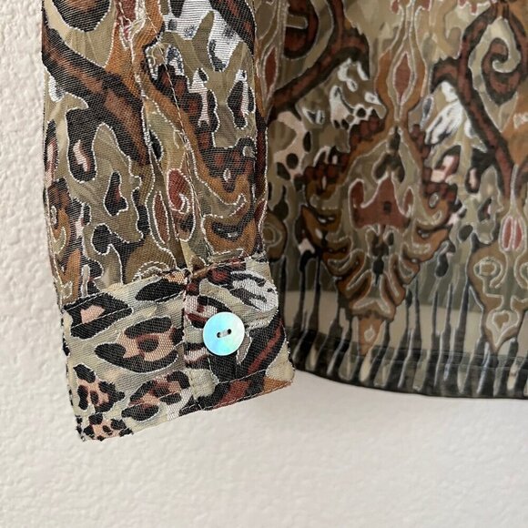 Linen Blend Sheer Brown Safari Cheetah Print Office Career Button down Women 18W - Picture 5 of 10